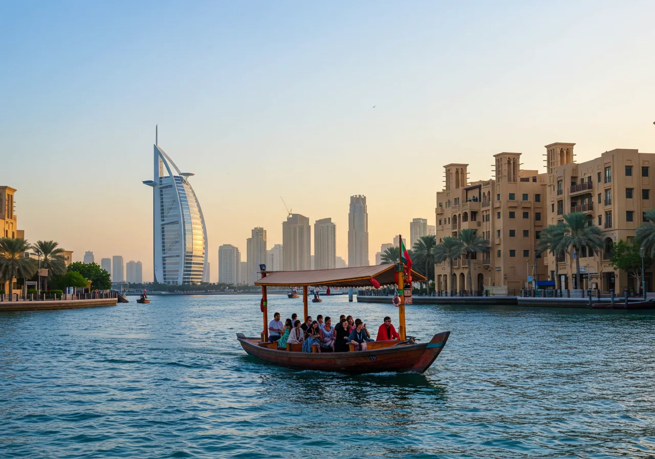 Tourists enjoying a traditional abra boat ride on Dubai Creek