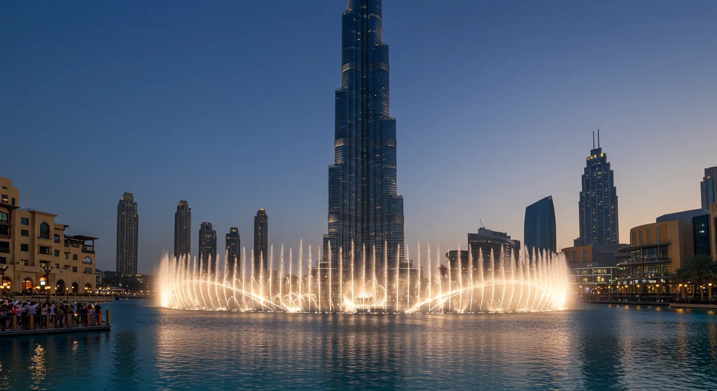 Night view of Dubai Fountain Show with music and dancing water
