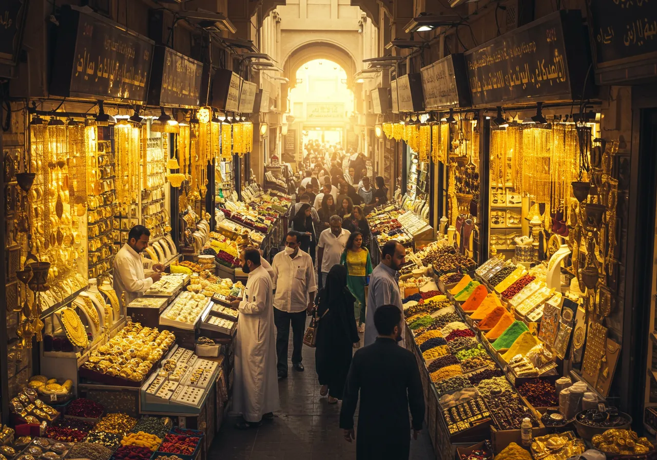 Traditional Dubai Souks with gold, spices, and textile market stalls