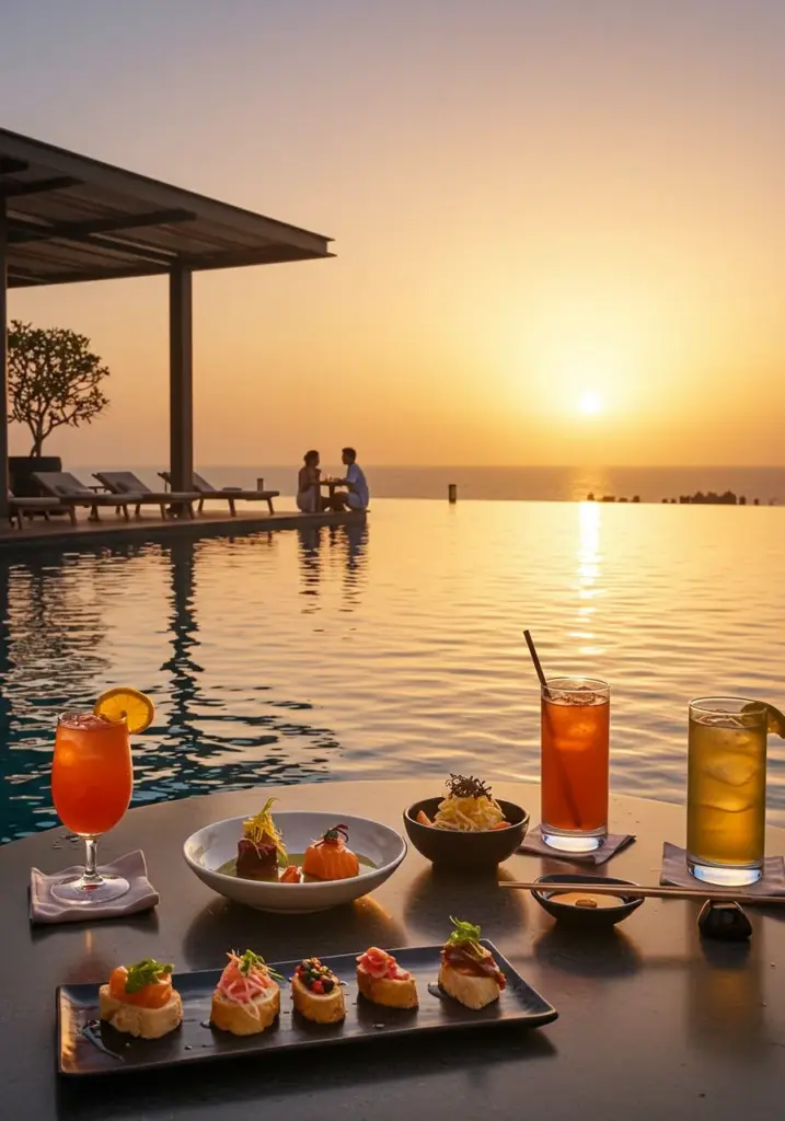 Tapasake Modern Japanese food, rooftop infinity pool, peaceful sunset vibes.