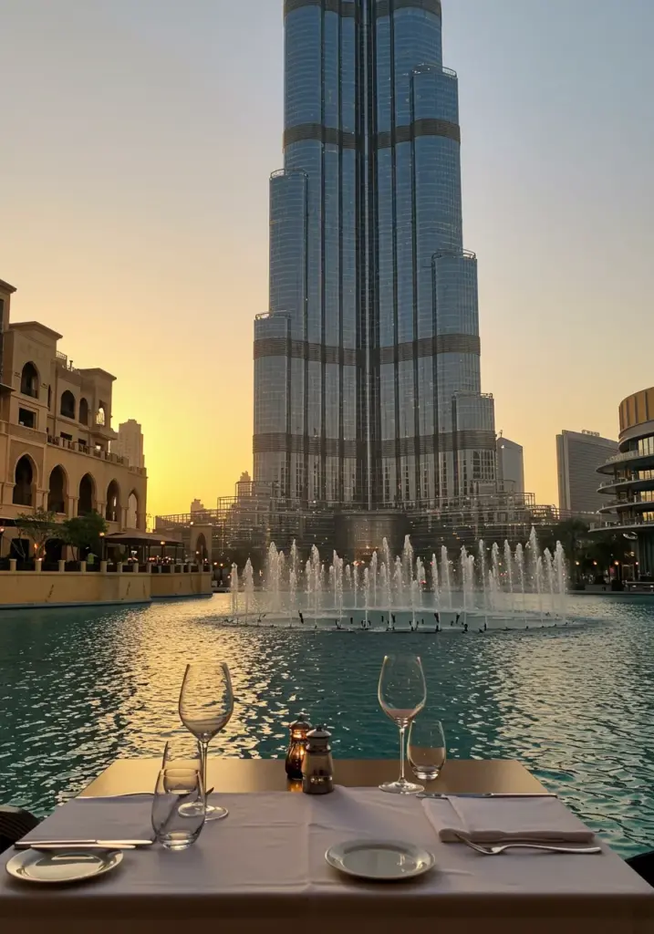 Urla Mediterranean dining, romantic fountain views, close-up Burj Khalifa views.