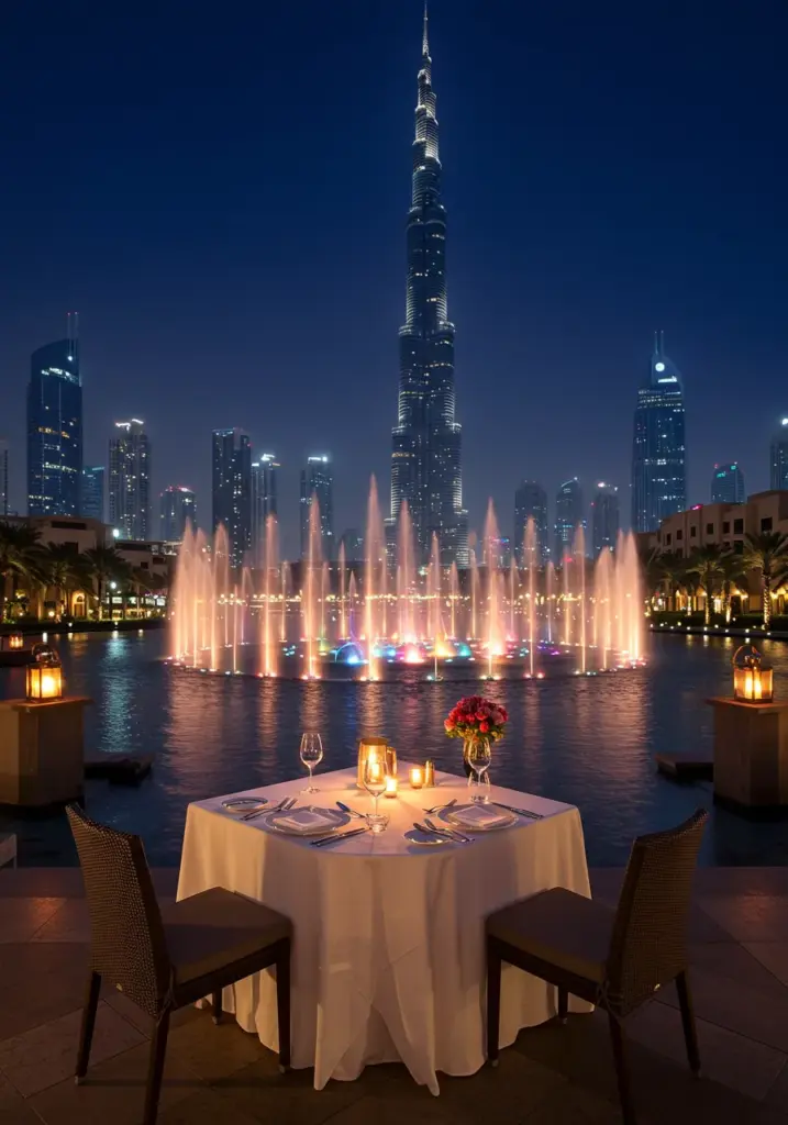 Urla Romantic outdoor dining, fountain shows, candlelit setup.