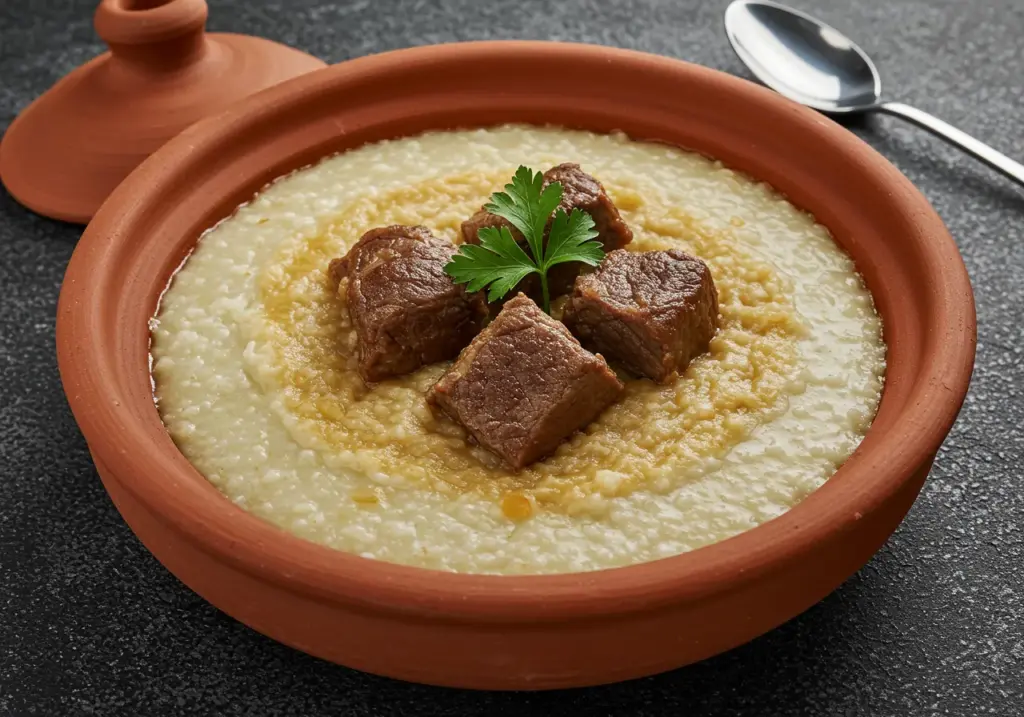 Al Harees is a traditional Emirati dish made with wheat and meat, typically lamb or chicken