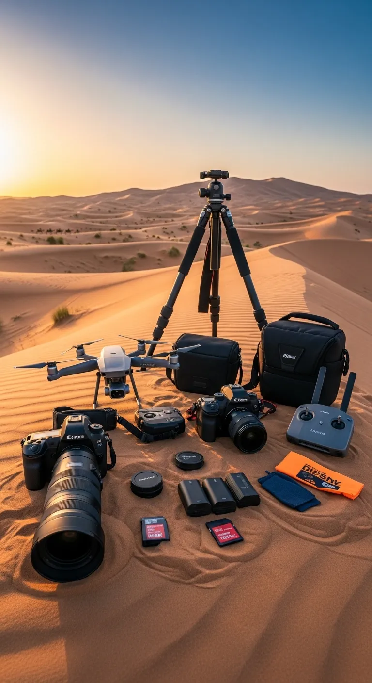 Professional cameras and gear setup for Dubai desert safari photography