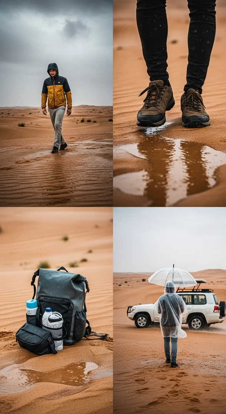 Travelers following tips for comfort during rainy day desert safari in Dubai